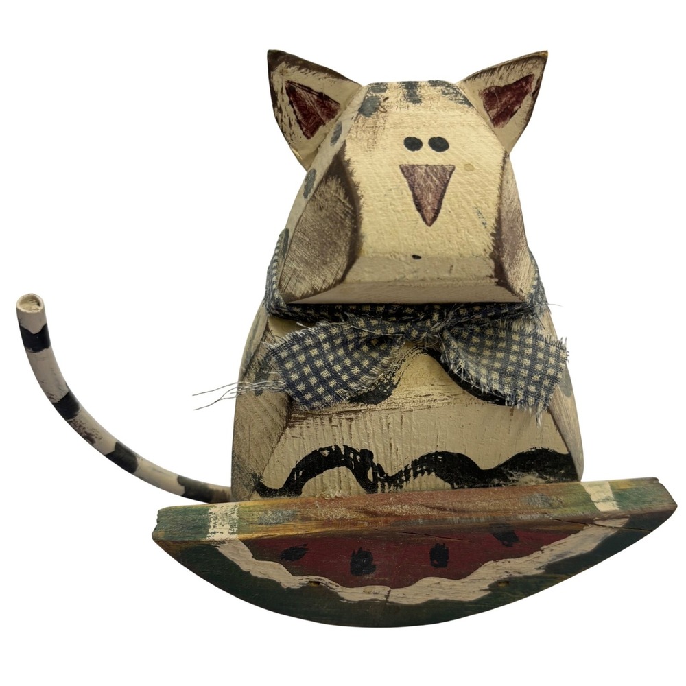 Vtg Rustic Folk Art Wooden Cat Figurine with Watermelon and Gingham Bow Decor